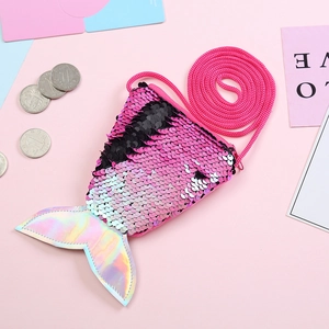 Detail of pink and black reversible sequin mermaid tail coin purse with lanyard