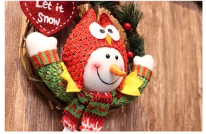 Detail of a Christmas wreath featuring a snowman doll with a Let it Snow sign