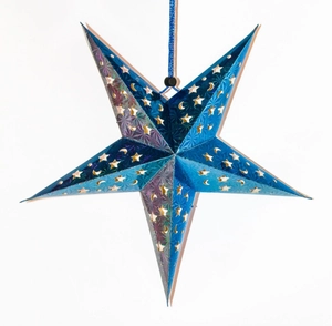 Holographic blue 3D laser star lantern with moon and star cutouts for festival decor