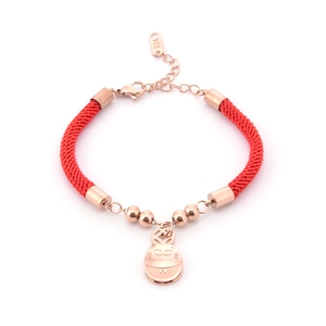 18K rose gold red string bracelet featuring lucky beads and a small cat pendant