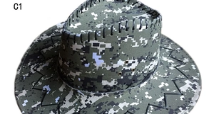Detail view of digital camo cowboy hat with metal ventilation holes and stitched brim