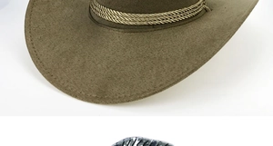 Detailed macro view of the brown faux suede texture and gold braided rope on cowboy hat