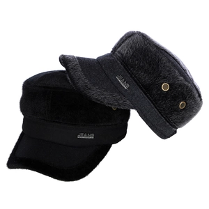 Men's winter thick wool flat top hat with faux fur ear flaps in black and grey