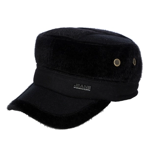 Men Winter Flat Top Cadet Hat Thicken Warm Woolen Faux Fur Ear Protection Military Cap Adjustable Outdoor Casual
