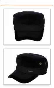 Detail of winter men's flat cap with faux fur lining, ear flaps and metallic vents