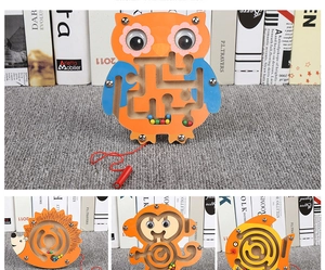 Detailed views of wooden magnetic animal mazes featuring owls and monkeys for kids