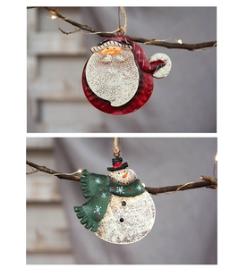 Retro iron Christmas ornaments featuring Santa and Snowman with a rustic vintage finish