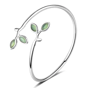 Forest Style Copper Cat's Eye Stone Leaf Open Bracelet For Women Fresh Adjustable Plant Branch Jewelry Gift Silver Color