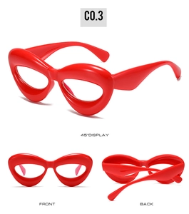 Three views of chunky red cat-eye glasses showing 45-degree, front, and back angles