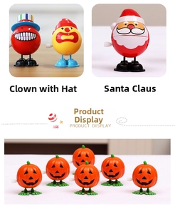 Close-up of wind-up Halloween pumpkin and Santa toys showing walking spring mechanism