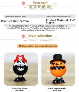 Detail view of clockwork Halloween toys showing dimensions and jumping pirate and pumpkin designs