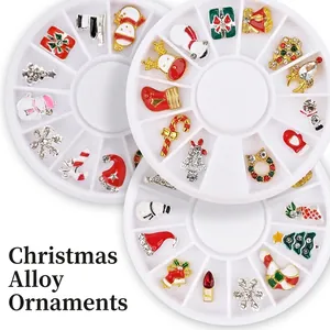 Christmas nail art alloy charms set with Santa, reindeer and snowflakes in round boxes