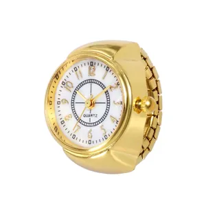 Creative gold ring watch with white dial and stretchable metal strap at 45-degree angle