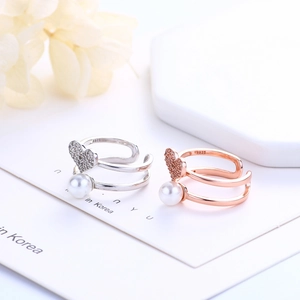 Minimalist double-layer S925 silver ring featuring a white pearl and zircon heart