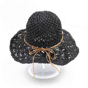 Handmade crochet black straw sun hat with brown bow tie and elegant hollow texture