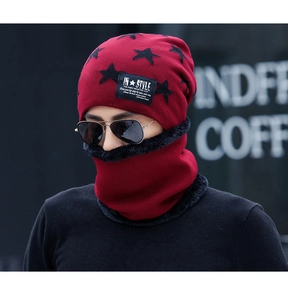 Detail view of burgundy knitted beanie set with stars and thick black fleece lining