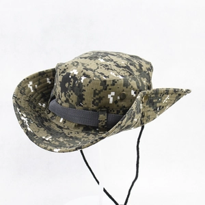 Tactical boonie hat in digital jungle camo with wide brim and adjustable chin strap