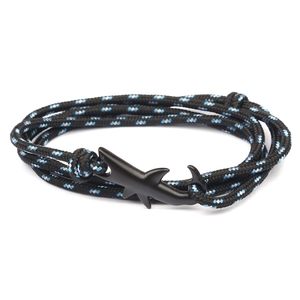 Men's black nylon braided rope bracelet with a matte shark hook anchor clasp