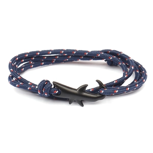 Navy blue nautical shark anchor bracelet with red white woven rope and matte black hook