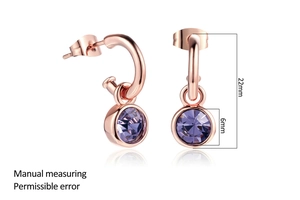 Detailed view of gold plated earrings showing a 22mm length and 6mm purple zircon pendant