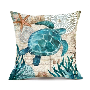 Marine life pillow cover with blue sea turtle on a vintage nautical map background
