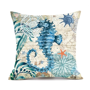 Marine seahorse pillow cover with sea star and nautical map print on linen fabric