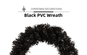 Detailed view of black PVC Christmas wreath featuring dense needle texture and metallic finish