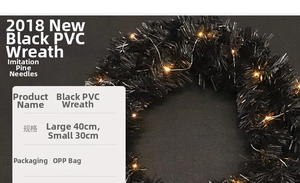 Detail of black PVC Christmas wreath with warm LED lights in 30cm and 40cm sizes