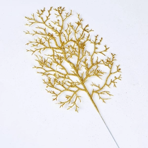 Golden glitter artificial leaf spray for Christmas decoration with shimmering finish