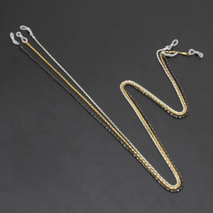 Three-piece metal eyewear chains set in gold, silver and black with rubber loops