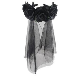 Gothic black artificial rose headband with mesh veil for Halloween and party cosplay