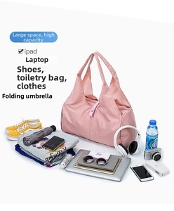 Pink large capacity travel bag showing organized storage for laptop clothes and shoes