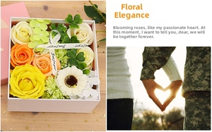 Detail of soap flower gift box with yellow roses, daisies and 'Just for you' ribbon decoration