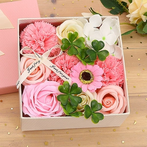 Pink and white soap flower gift box with roses and carnations for Valentines Day