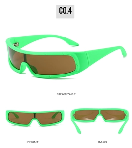 Vue sous trois angles de lunettes de soleil de sport vert néon avec verres marron et monture