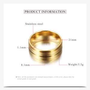 Detailed size specifications for 8mm gold stainless steel ring with matte finish