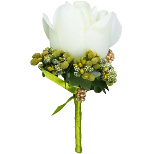 Exquisite white fabric rose boutonniere with green berries and rhinestone accents