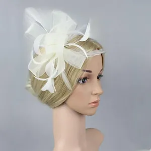 Detail of white fascinator veil with elegant feather trim and mesh bow for weddings