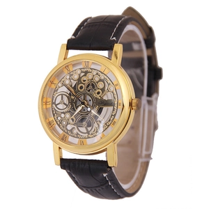 Detail of Dijud men's watch featuring a gold hollow skeleton dial and black leather strap