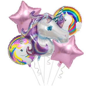 5-piece set of unicorn balloons for birthday party with pink stars and rainbow patterns