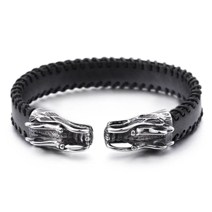 Mens punk black leather braided bracelet featuring silver stainless steel dragon heads