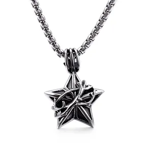 Stainless Steel Star Pendant Necklace For Men Vintage Gothic Punk Thorn Design Retro Silver Color Jewelry