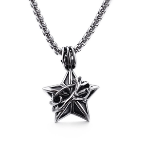 Vintage stainless steel lucky star pendant necklace with intricate thorn texture
