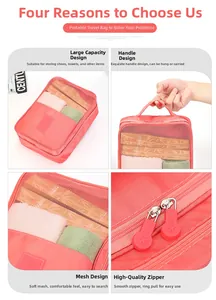 Detail view of pink travel shoe bag showing mesh design, sturdy handle and double zippers