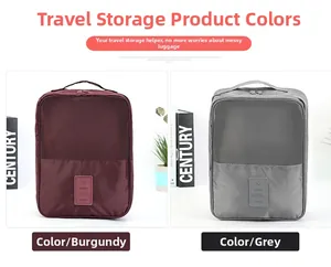 Waterproof travel shoe storage bag in burgundy and gray with breathable mesh and top handle