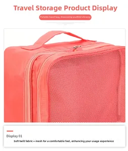 Detail of orange travel shoe bag showing breathable mesh window and reinforced top handle
