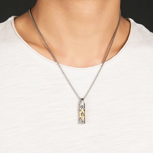 Men's titanium steel bullet hexagram necklace with gold and silver pendant on model