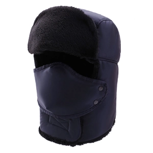 Deep blue winter trapper hat with black faux fur lining and detachable face mask for cold weather