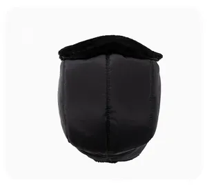 Top view of black bomber hat showing tear-resistant stitching and faux fur lining