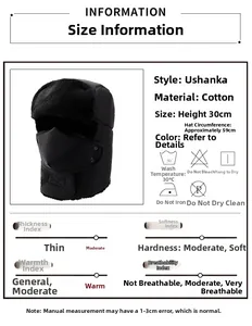 Detailed size chart for black cotton Ushanka hat with removable mask and 59cm circumference